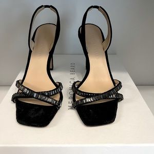 Veronica Beard Analita Crystal Velvet Halter Sandals, women’s size 7